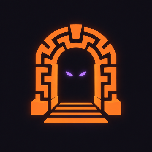 An orange maze doorway with purple eyes